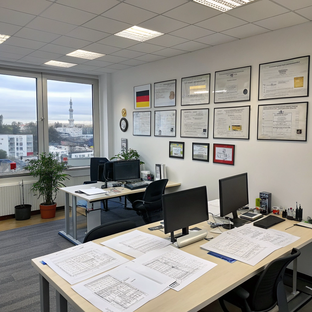 Illustration eines Ingenieurbüros mit technischen Zeichnungen